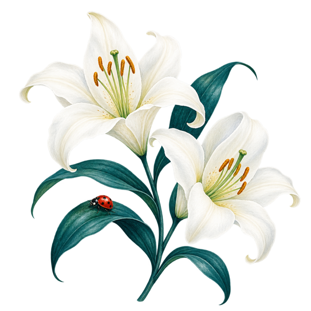 White lilies and a ladybug, reminders of Lilly